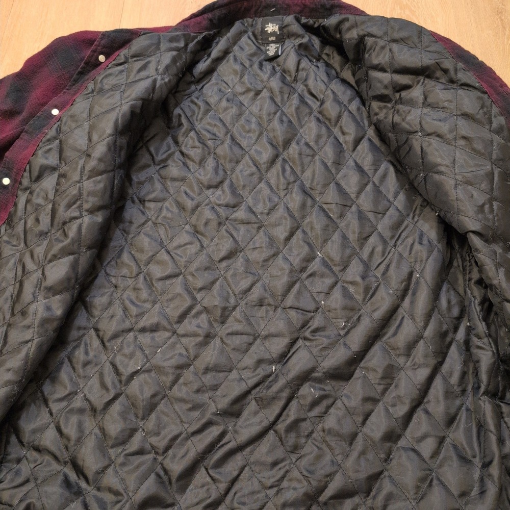 Stussy Men's XL Quilted Flannel Shirt Jacket Burgundy Black Plaid Logo Patch - Picture 6 of 10